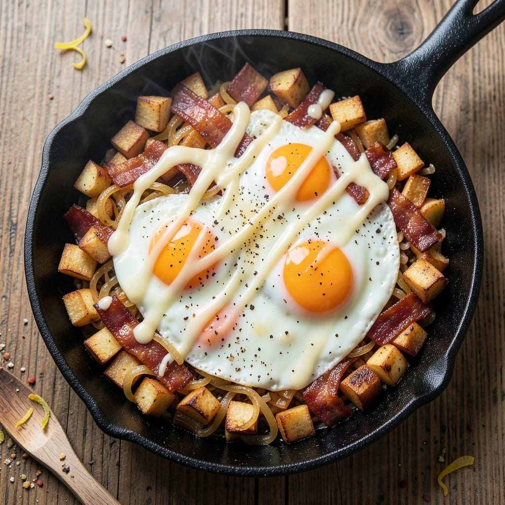 Cheesy Bacon and Egg Hash Recipe: Crispy Potatoes, Crumbled Bacon, and Runny Yolk Magic