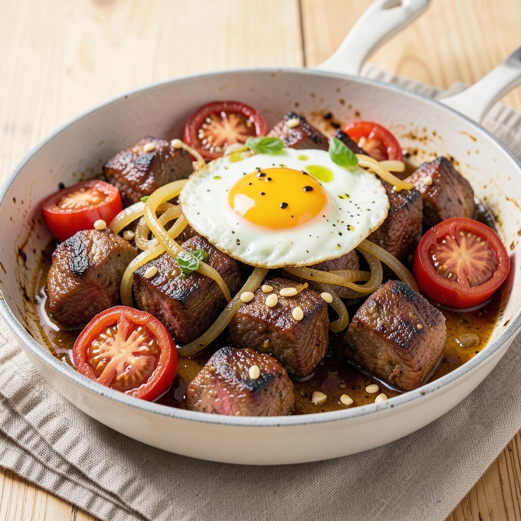 Beef, Tomato, and Egg Recipe: One-Pan Simmered Comfort with Crispy Fried Eggs