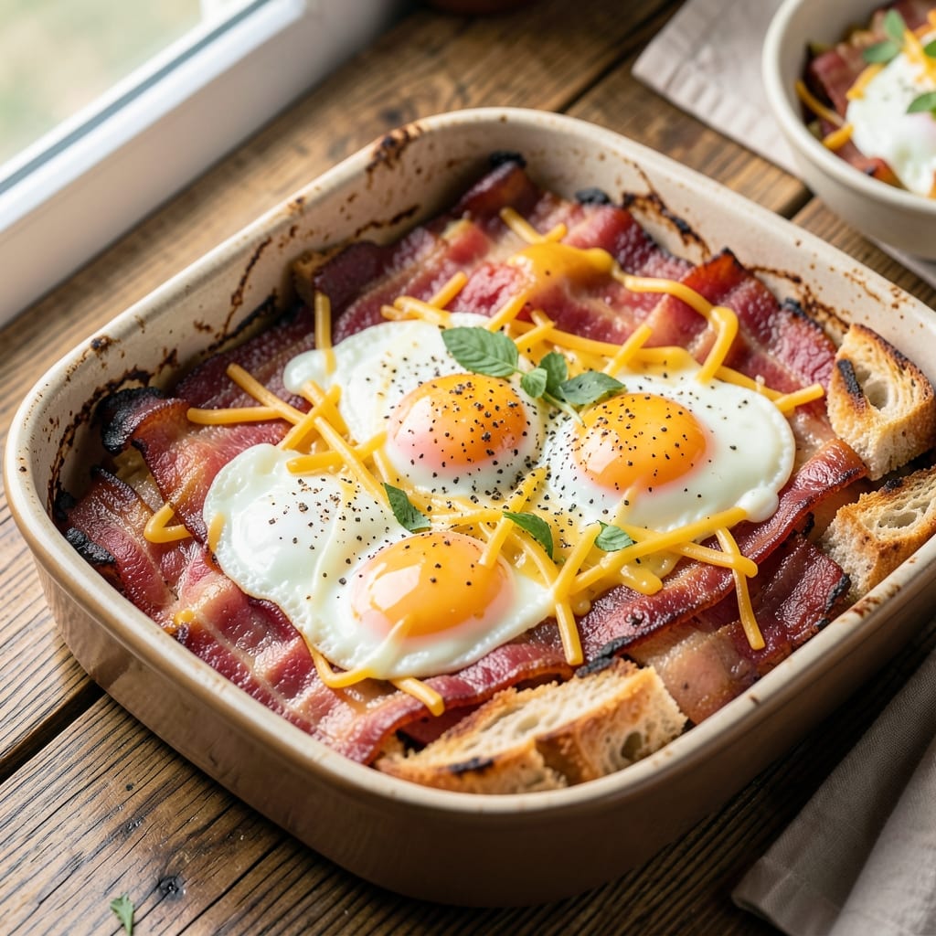 Bacon, Egg, and Bread Bake Recipe: Crispy Top, Runny Yolk Magic