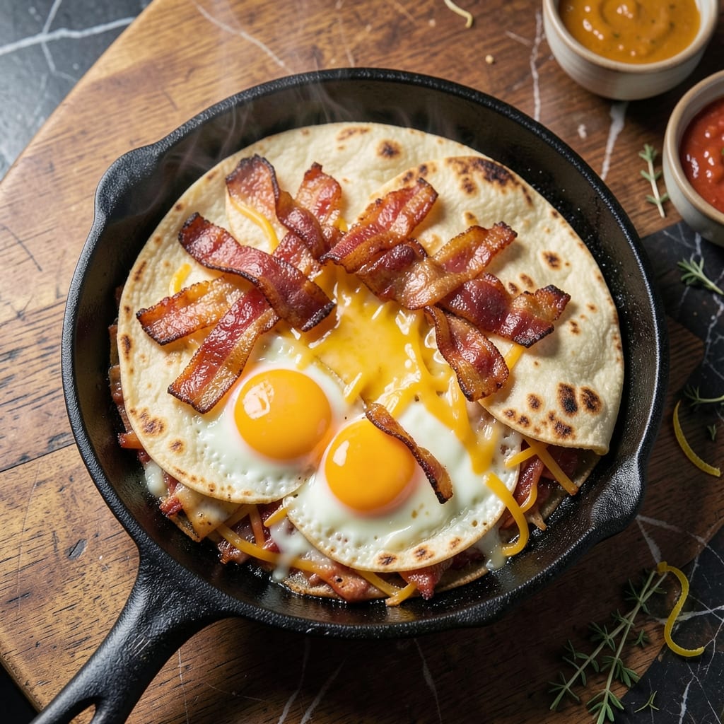 Bacon Egg and Cheese Quesadillas Recipe: Crispy Tortilla with Runny Yolk Magic