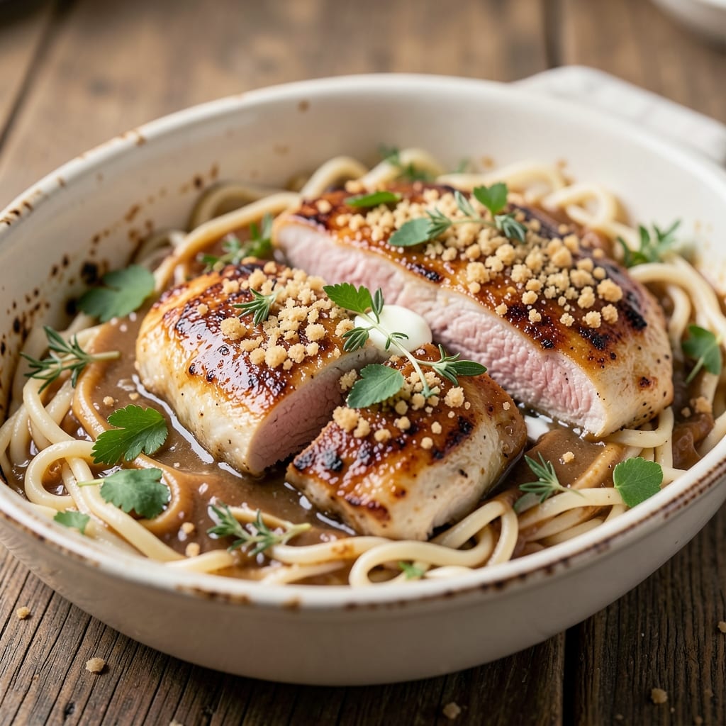 Baked Chicken and Egg Noodles Recipe: Herb-Infused Crust Locks in Juices