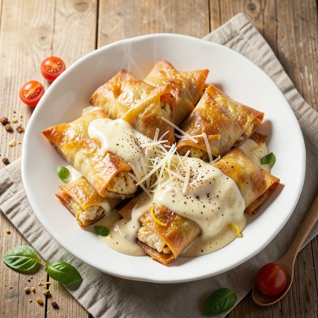 Chicken Alfredo Egg Rolls Recipe: Crispy Wonton Shells With Creamy Cheese Stuffing