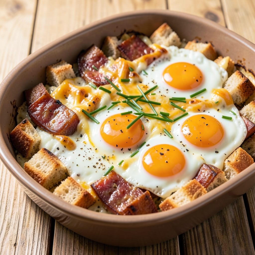 Egg Bake Recipe With Bread and Sausage: Savory Strata With Crispy Bread Top