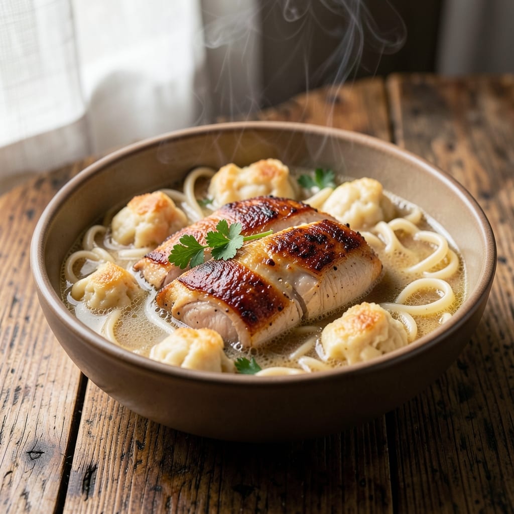 Chicken and Dumplings Recipe With Egg Noodles: One-Pot Soupy Comfort With Fluffy Dumplings
