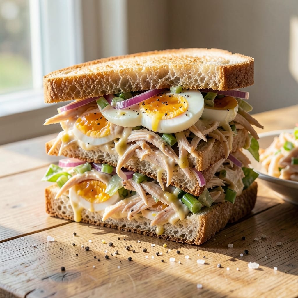 Chicken Salad with Egg Sandwich Recipe: Crispy Bread Crusts and Creamy Yolk Magic